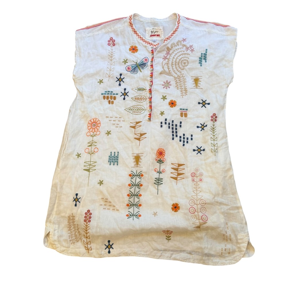 Biya Johnny Was Womens L Embroidered Linen Tunic Top Boho Butterfly White Large
